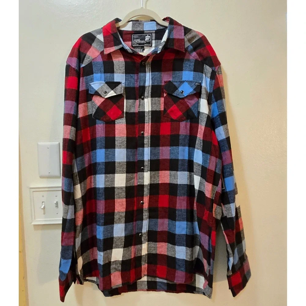 Elixir Flannel Shirt Mens XXL Red Blue Black Plaid Cotton Long Sleeve - Picture 2 of 10